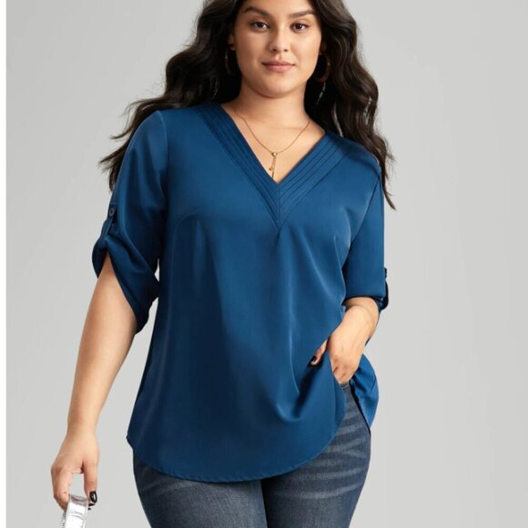 BloomChic Plus Size XL V Neck Plain Pleated Tab Sleeve Blouse us14-16 - Picture 1 of 7